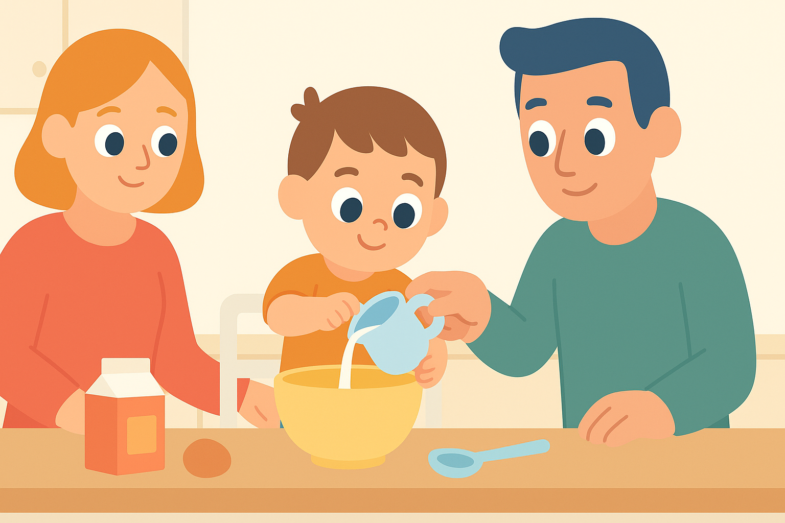 Niño pequeño sirviendo leche en compañía de dos adultos durante una actividad en familia.