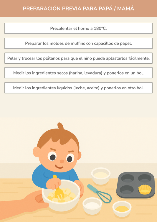 Niño usando torre de aprendizaje mientras realiza la actividad muffins nube de plátano en la cocina.
