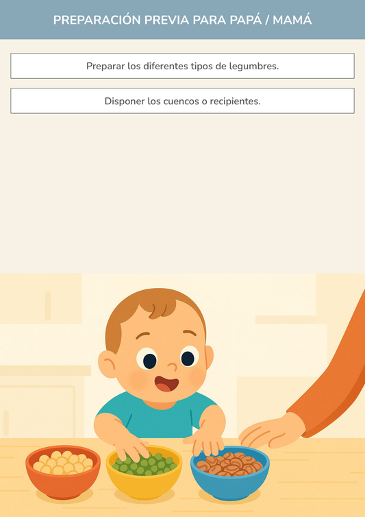 Niño usando torre de aprendizaje mientras realiza la actividad clasificación sensorial de legumbres en la cocina.