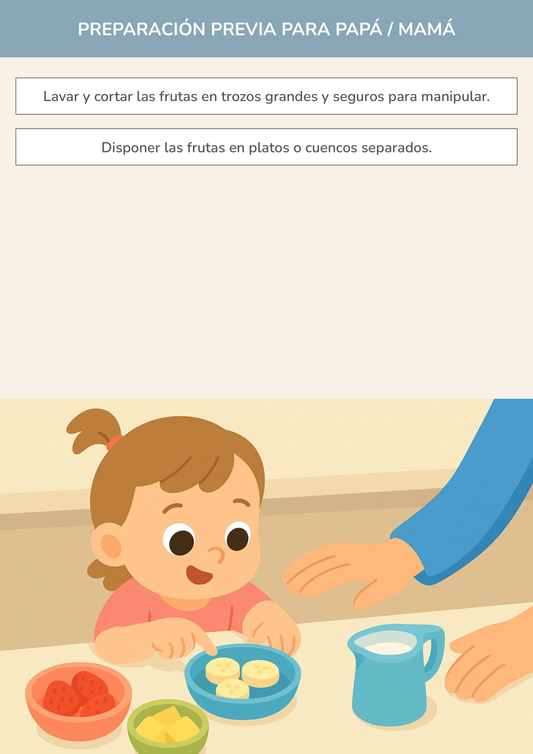 Niño usando torre de aprendizaje mientras realiza la actividad exploración de texturas con frutas cortadas en la cocina.