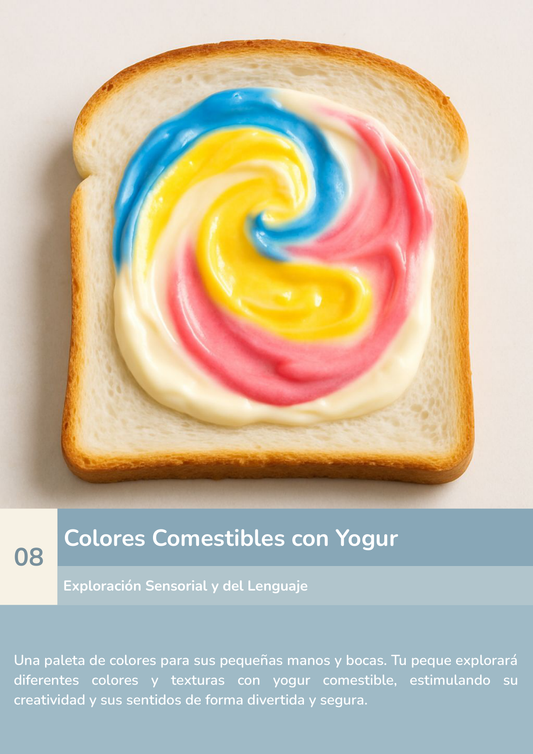 Niño usando torre de aprendizaje mientras realiza la actividad colores comestibles con yogur en la cocina.