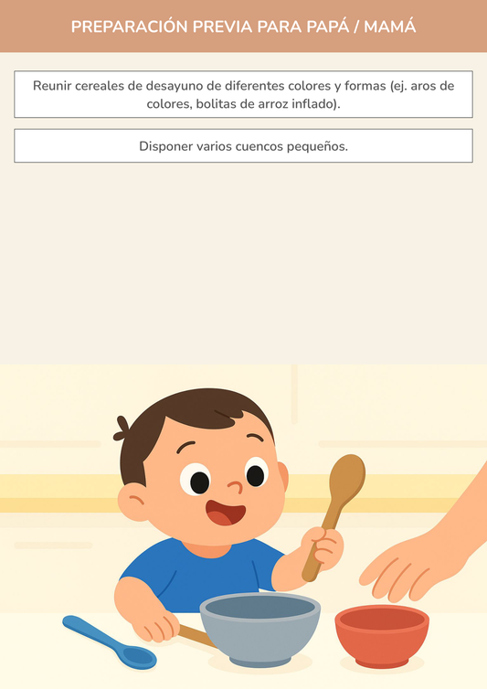 Niño usando torre de aprendizaje mientras realiza la actividad clasificación de colores con cereales en la cocina.