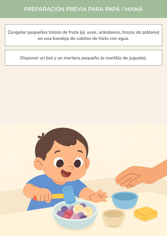 Niño usando torre de aprendizaje mientras realiza la actividad mini-chef de frutas congeladas en la cocina.