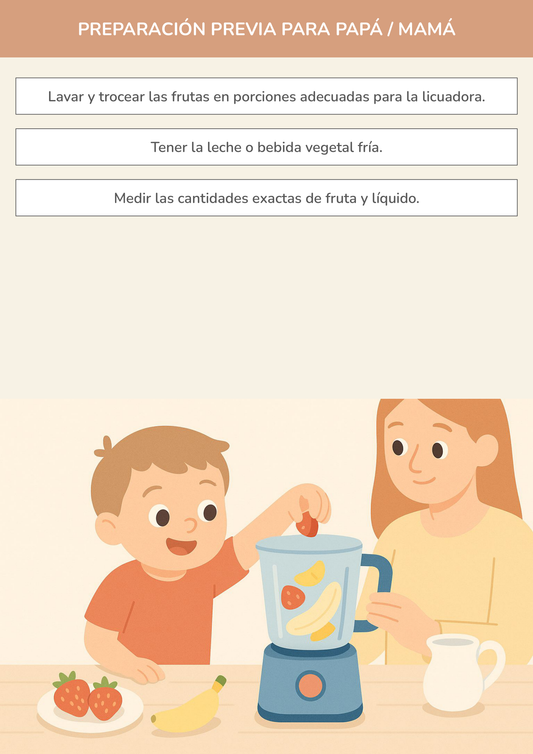 Niño usando torre de aprendizaje mientras realiza la actividad batido cremoso de frutas en la cocina.