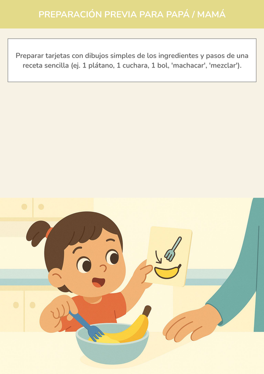 Niño usando torre de aprendizaje mientras realiza la actividad mi primer recetario de símbolos en la cocina.