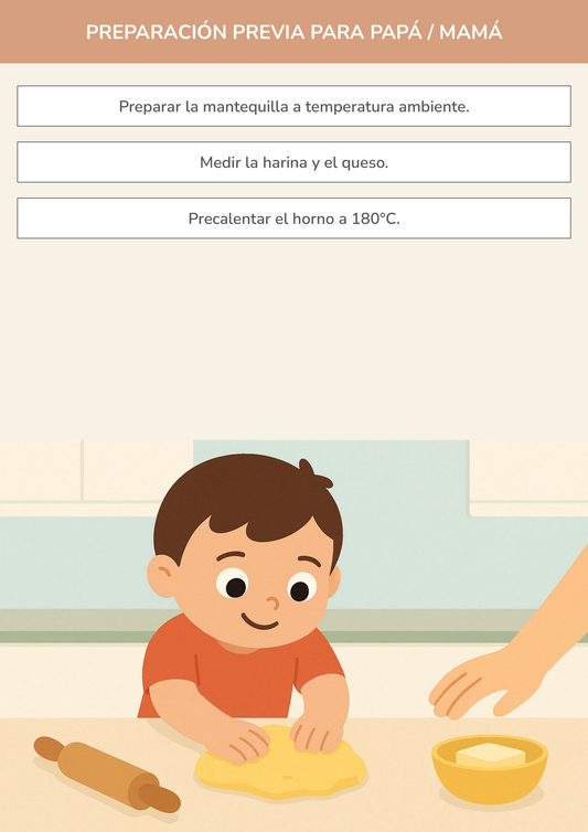 Niño usando torre de aprendizaje mientras realiza la actividad mis primeras galletas de queso en la cocina.