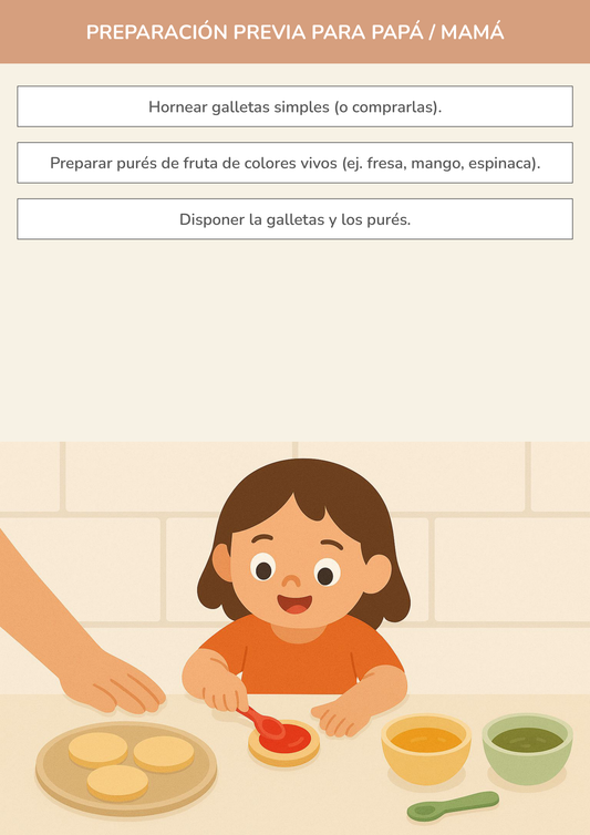 Niño usando torre de aprendizaje mientras realiza la actividad decorando galletas con purés en la cocina.