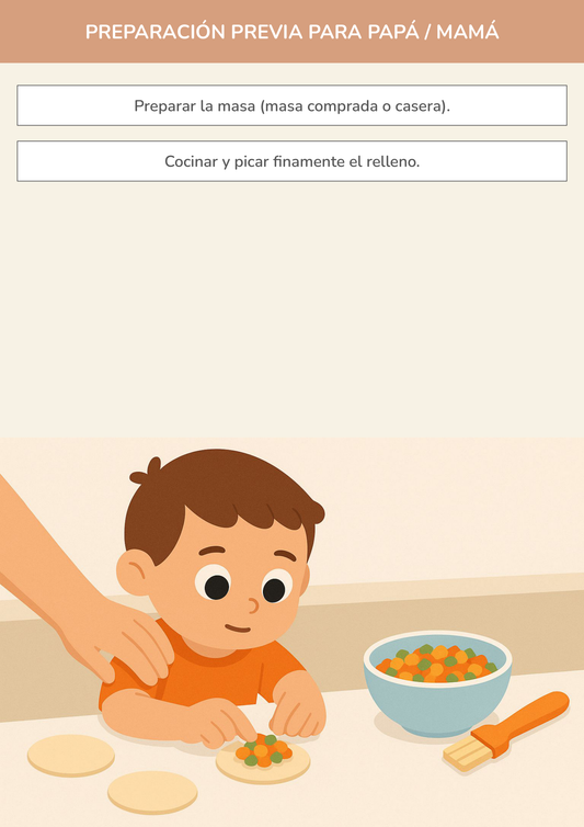 Niño usando torre de aprendizaje mientras realiza la actividad mini empanadas saludables en la cocina.