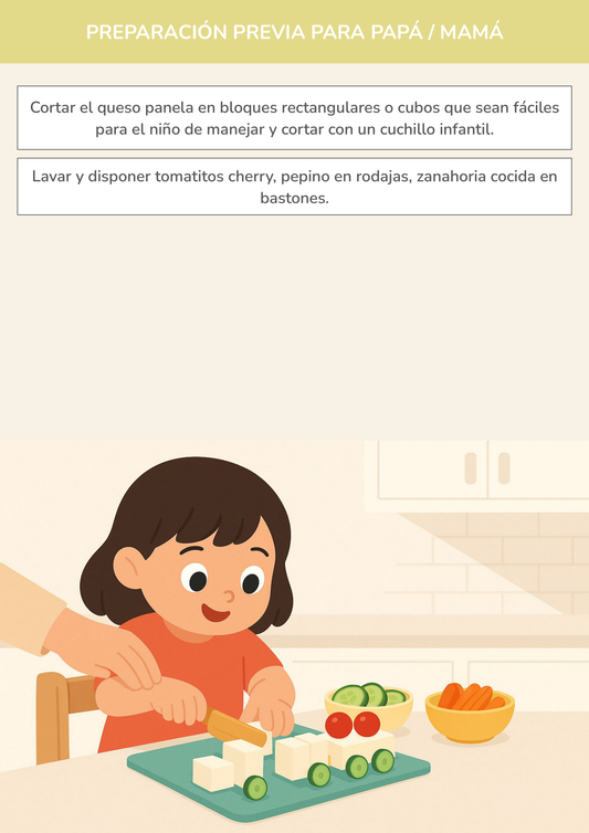 Niño usando torre de aprendizaje mientras realiza la actividad el tren de queso y vegetales en la cocina.