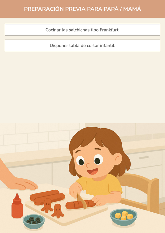 Niño usando torre de aprendizaje mientras realiza la actividad pequeños escultores de salchichas en la cocina.