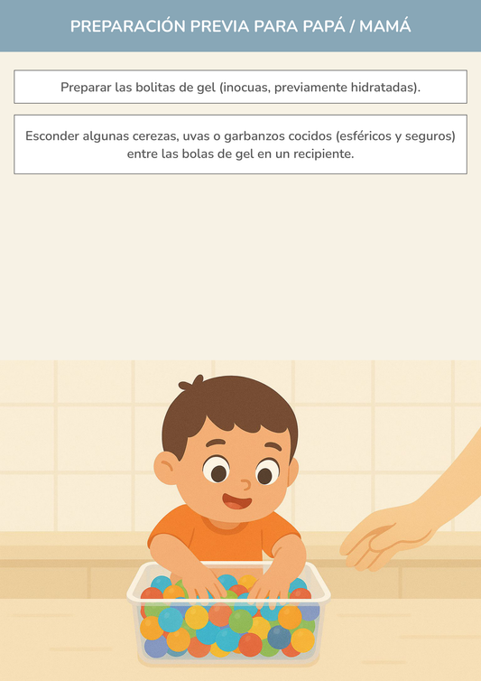 Niño usando torre de aprendizaje mientras realiza la actividad búsqueda del tesoro esférico en gel en la cocina.