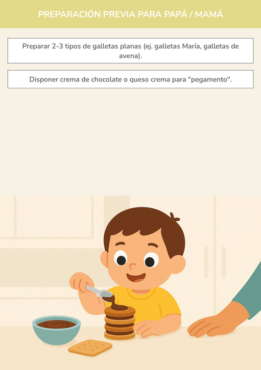 Niño usando torre de aprendizaje mientras realiza la actividad torres de sabores con galletas en la cocina.