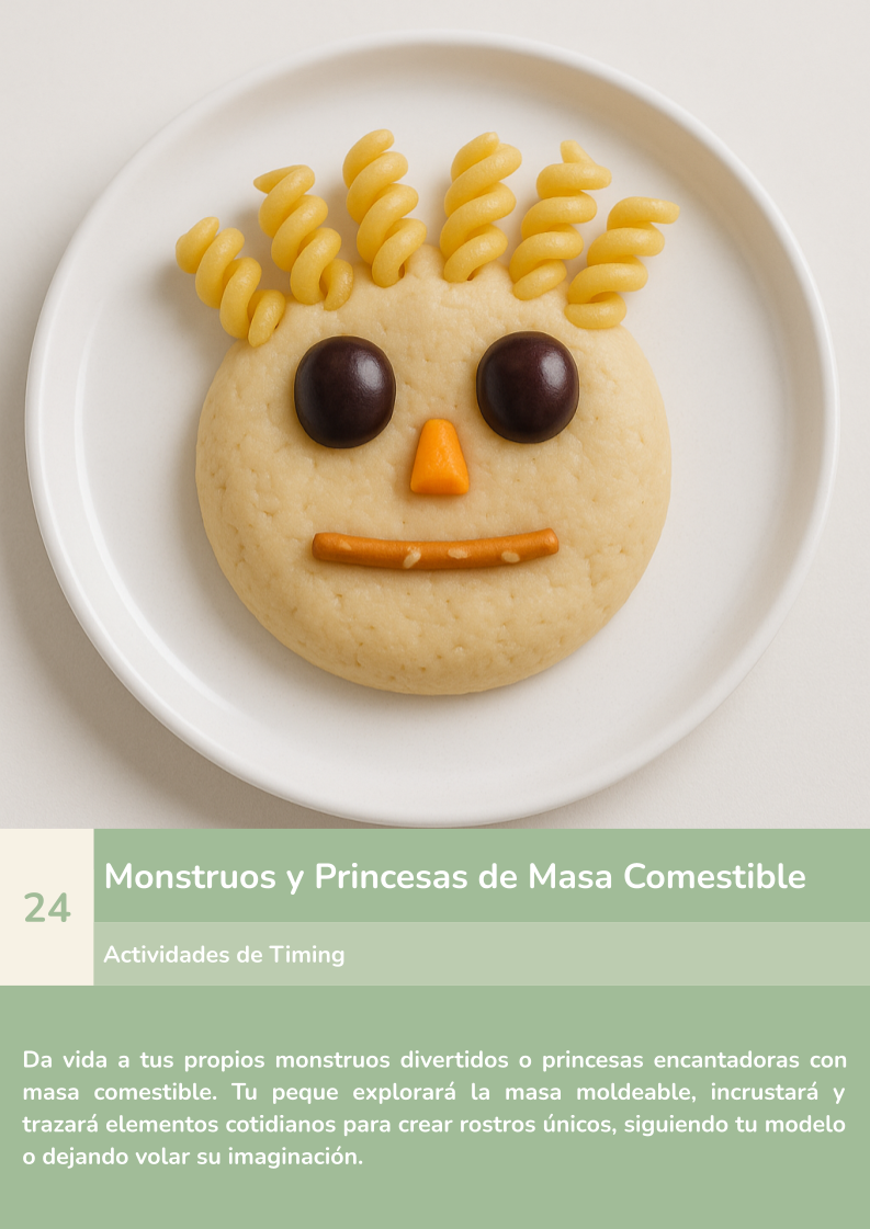 Galleta redonda decorada como rostro de monstruo, con pasta y aceitunas sobre plato blanco, actividad infantil creativa ZALU.