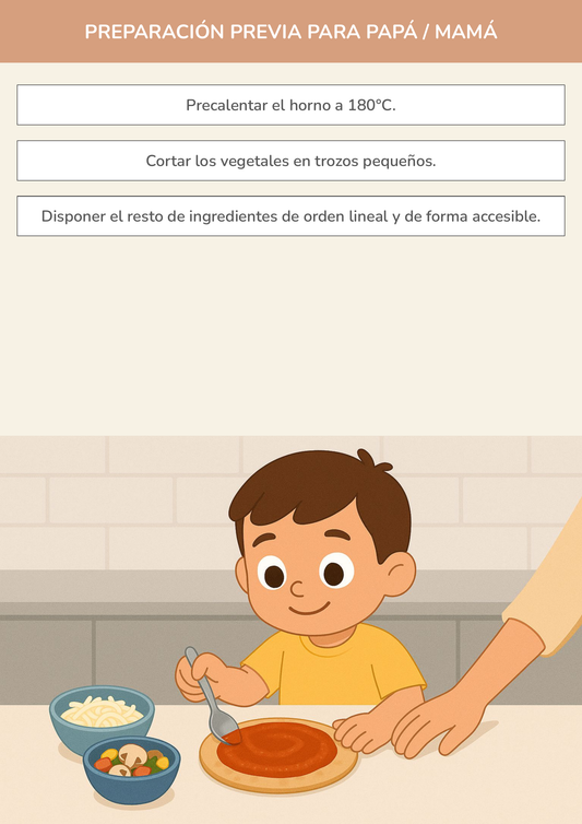 Niño usando torre de aprendizaje mientras realiza la actividad pizza saludable de pan de pita en la cocina.