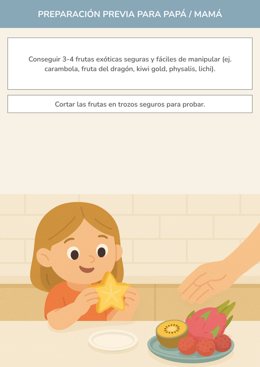 Niño usando torre de aprendizaje mientras realiza la actividad master chef de frutas exóticas en la cocina.