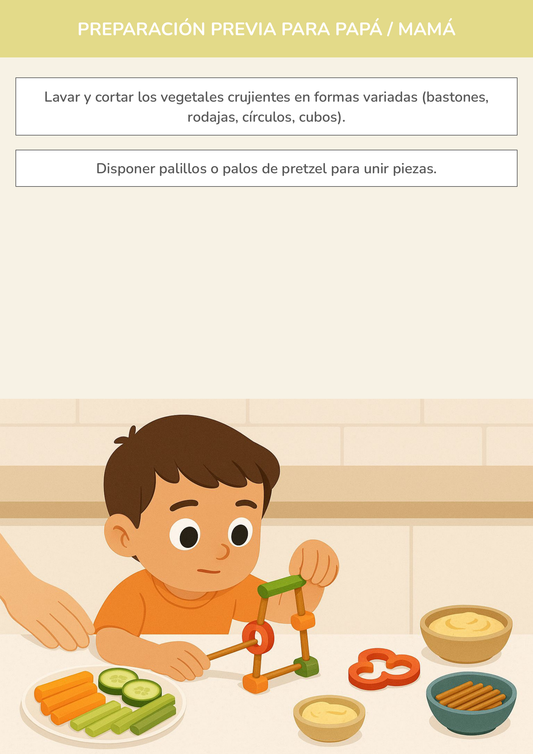 Niño usando torre de aprendizaje mientras realiza la actividad construcciones crocantes de verduras en la cocina.
