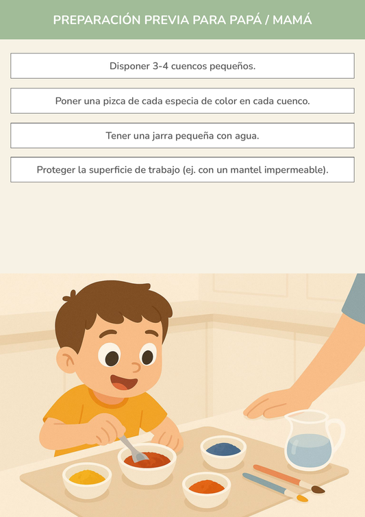 Niño usando torre de aprendizaje mientras realiza la actividad pintura acuática de colores con especias en la cocina.