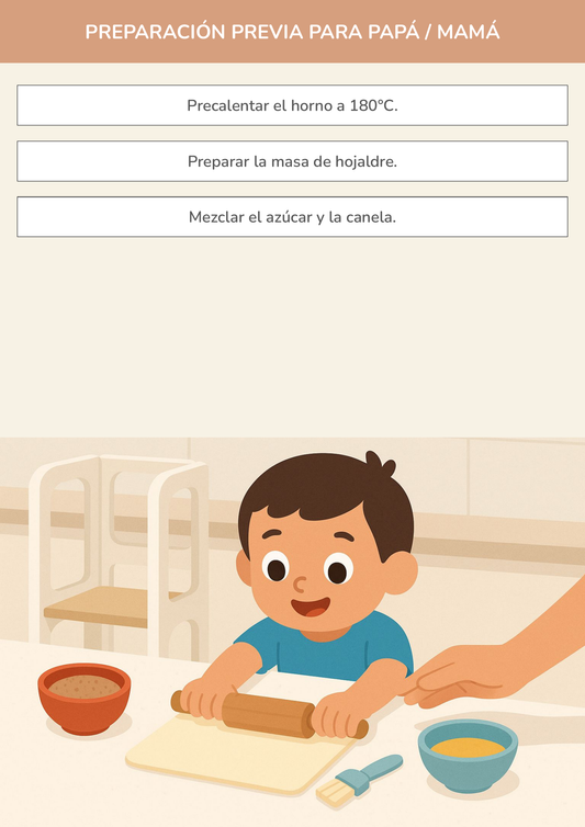 Niño usando torre de aprendizaje mientras realiza la actividad mis primeros rollitos de canela en la cocina.