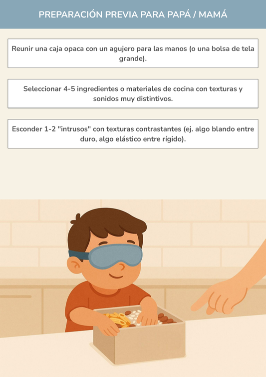 Niño usando torre de aprendizaje mientras realiza la actividad detectives de texturas y sonidos misteriosos en la cocina.