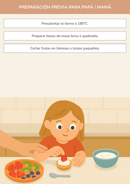 Niño usando torre de aprendizaje mientras realiza la actividad mini tartaletas de fruta en la cocina.