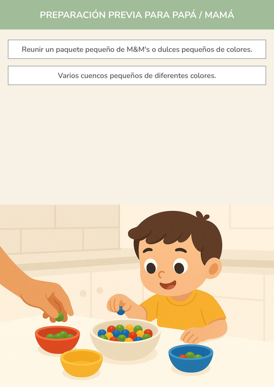 Niño usando torre de aprendizaje mientras realiza la actividad juego de cuentas y colores con m&m's en la cocina.