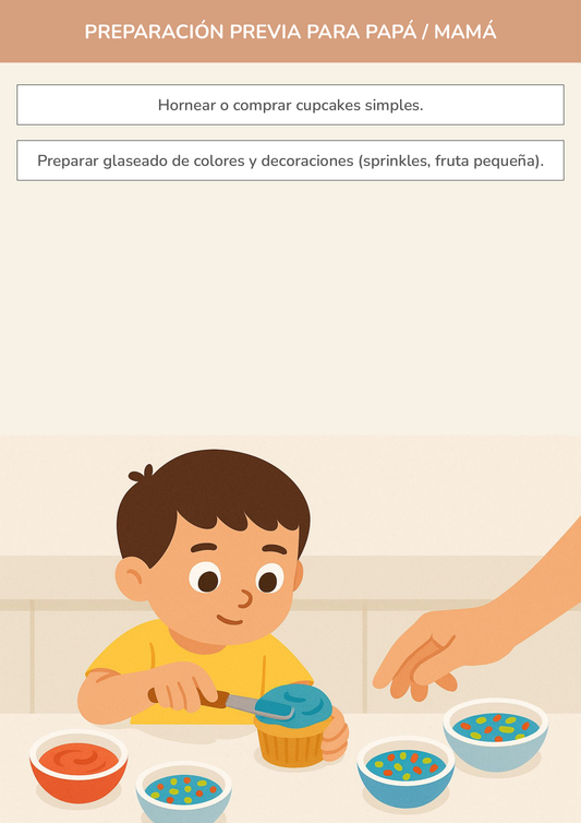 Niño usando torre de aprendizaje mientras realiza la actividad decorando cupcakes festivos en la cocina.