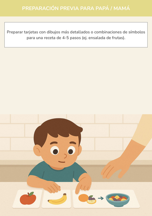 Niño usando torre de aprendizaje mientras realiza la actividad mi primer recetario de símbolos avanzado en la cocina.