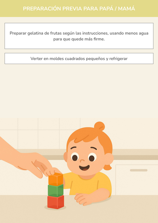 Niño usando torre de aprendizaje mientras realiza la actividad bloques de gelatina de fruta en la cocina.