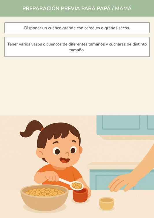 Niño usando torre de aprendizaje mientras realiza la actividad juego de cucharadas y medidas en la cocina.