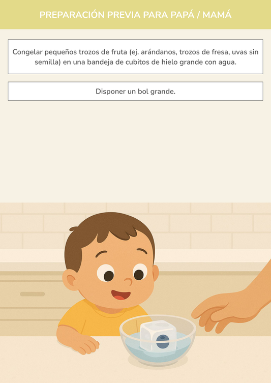 Niño usando torre de aprendizaje mientras realiza la actividad el misterio del cubo de hielo frutal en la cocina.