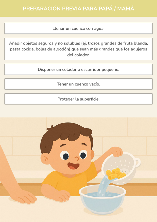 Niño usando torre de aprendizaje mientras realiza la actividad la magia del colador: separando tesoros en la cocina.