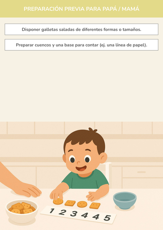Niño usando torre de aprendizaje mientras realiza la actividad juego de cuentas con galletas saladas en la cocina.