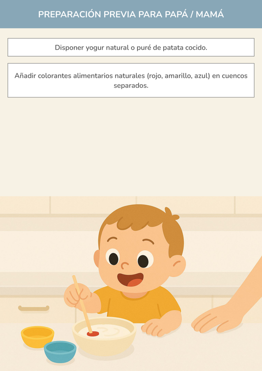 Niño usando torre de aprendizaje mientras realiza la actividad la magia de los colores primarios en la cocina.