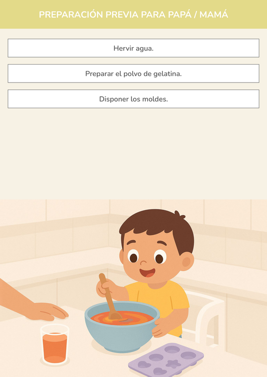 Niño usando torre de aprendizaje mientras realiza la actividad la gelatina mágica: ¡espera y disfruta! en la cocina.