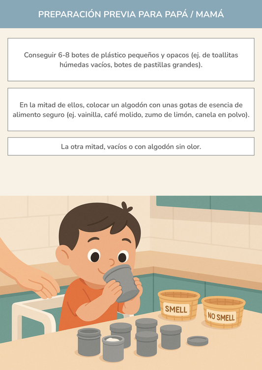 Niño usando torre de aprendizaje mientras realiza la actividad el detector de olores: ¿hay o no hay? en la cocina.