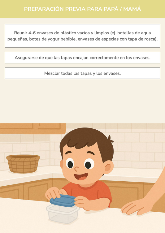 Niño usando torre de aprendizaje mientras realiza la actividad el juego de las tapas perdidas en la cocina.