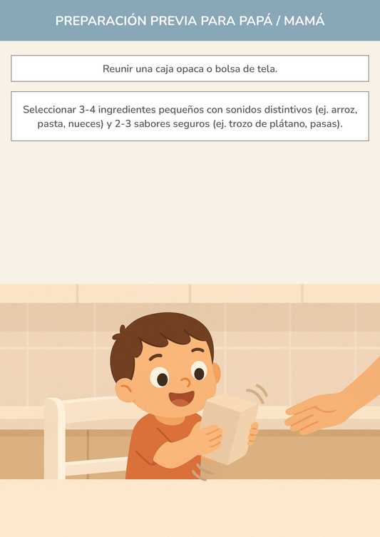 Niño usando torre de aprendizaje mientras realiza la actividad caja de sonidos y sabores escondidos en la cocina.