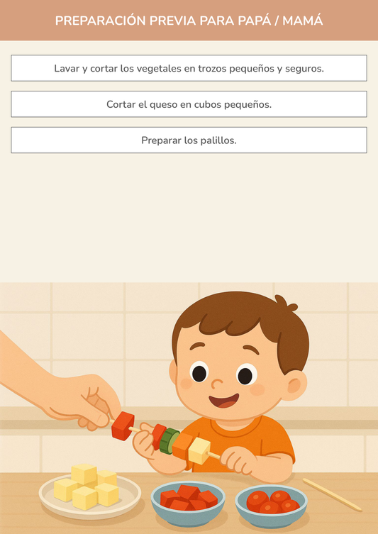 Niño usando torre de aprendizaje mientras realiza la actividad brochetas de vegetales y queso para exploradores en la cocina.