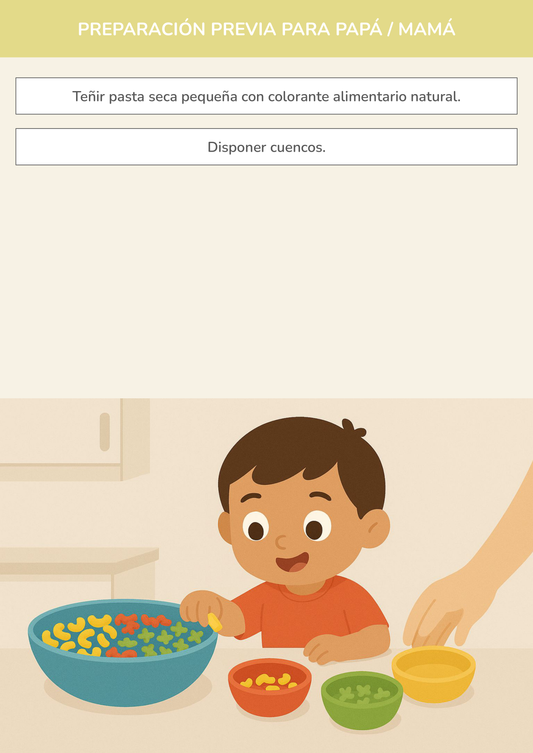 Niño usando torre de aprendizaje mientras realiza la actividad cuentas de colores con pasta en la cocina.