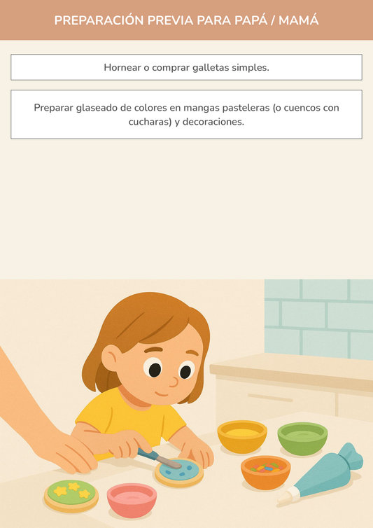 Niño usando torre de aprendizaje mientras realiza la actividad mini chef de decoración de galletas en la cocina.