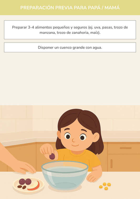 Niño usando torre de aprendizaje mientras realiza la actividad experimento de flotación de alimentos en la cocina.