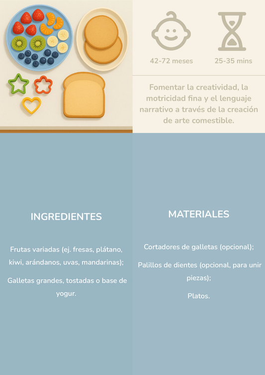 Niño usando torre de aprendizaje mientras realiza la actividad merienda de frutas temáticas en la cocina.