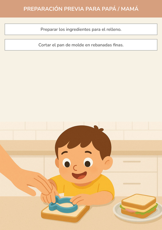 Niño usando torre de aprendizaje mientras realiza la actividad mini sandwiches de animales marinos en la cocina.