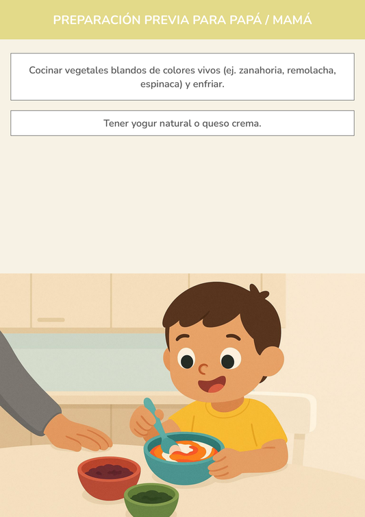 Niño usando torre de aprendizaje mientras realiza la actividad master chef de salsas coloridas en la cocina.