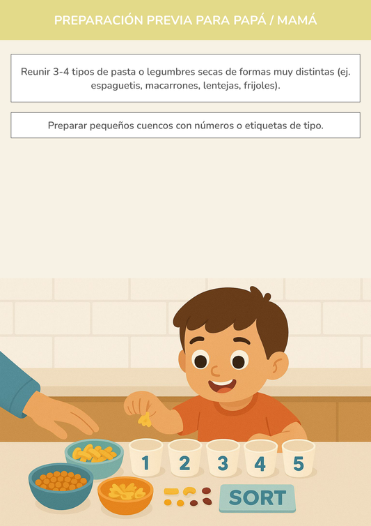 Niño usando torre de aprendizaje mientras realiza la actividad contando el tesoro de la despensa en la cocina.