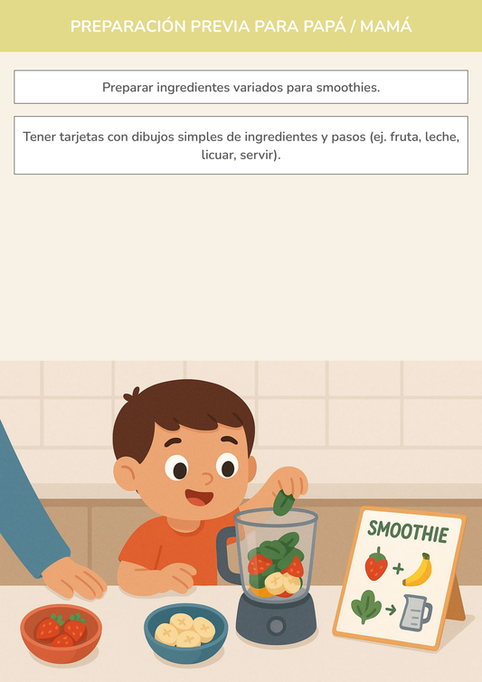 Niño usando torre de aprendizaje mientras realiza la actividad mi recetario de smoothies saludables en la cocina.