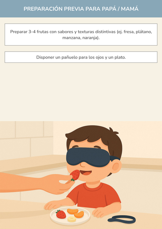 Niño usando torre de aprendizaje mientras realiza la actividad degustación a ciegas de frutas en la cocina.