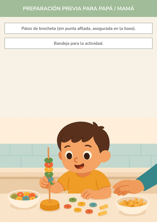 Niño usando torre de aprendizaje mientras realiza la actividad jardín de brochetas creativas en la cocina.