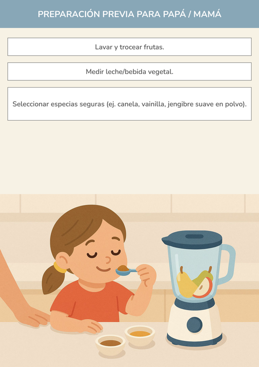 Niño usando torre de aprendizaje mientras realiza la actividad mis primeros batidos especiados en la cocina.