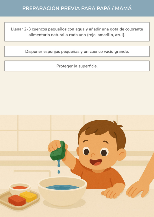 Niño usando torre de aprendizaje mientras realiza la actividad el arte del agua de colores y esponjas en la cocina.